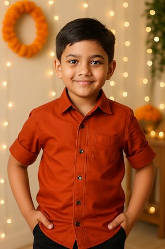 Image of Boys Kids Rust Orange Cotton Shirt, Long Roll-Up Sleeves, Party, Age 2-10 Years