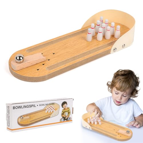 SKIKHN Tisch Bowling Set,Hölzern Tischbowling mit 10 Pin,Mini Bowlings Spiel,Bowlings Set Kinder,Kegeln Mini Spiele für Kinder Erwachsene,Geschicklichkeitsspiele Druck Abbauen Spielzeug für Büro Party