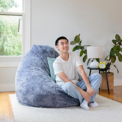 Image of Big Large Teardrop Foam Filled Bean Bag Chair with Removable Cover, Gray Short Shag, 4 feet Big | Premium Shredded Foam Filled, Short Shag, Adult-Sized Comfortable Seating, Supports Up to 300 lbs, Perfect for Reading Nook