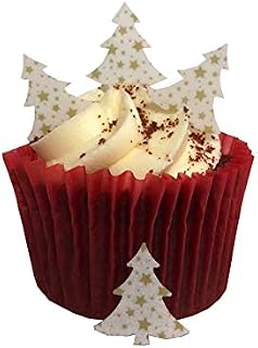 50 Precut Edible Wafer Paper Mini Gold Star Patterned Christmas Tree Cake Toppers - Perfect for Christmas Cupcakes or Table Decorations