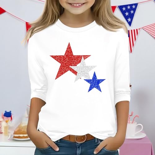 Girls 4Th of July Shirt 3/4 Length Sleeve Round Neck Kids American Flag USA Shirts Top Patriotic Clothes2