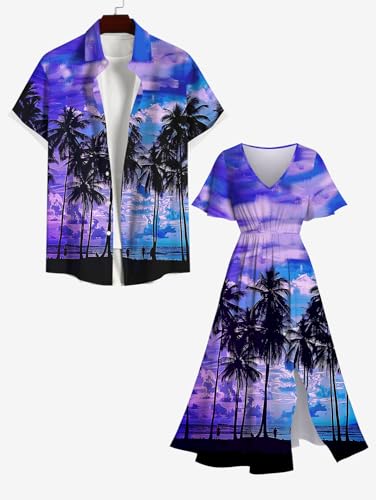 Image of Matchable Couple Hawaiian Sea Beach Starfish Turtle Shell Print Shirt or Plus Size Midi Split A Line Dress
