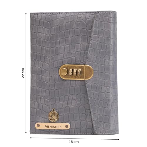 Image of AICA Personalized Name & Charm Leather Lock (Grey) Diary � A5 Size 230 Pages with Combination Lock for Men & Women | Customized Planner Diary College Birthday Gift for Teens Teenager Best Friends