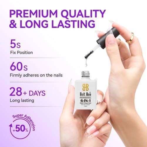 Bolt Bee 6-in-1 Nail Glue – 15ml Multifunctional UV/LED Soak Off for Base Coat, Nail Adhesive, Self-Leveling, Strengthening, Slip Solution & Blooming Effects – Professional Nail Art 2