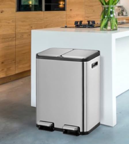 Image of Obsessions EKO Stainless Steel Dual Step Trash Can for Recycling, 30+ 30L Rectangular Kitchen Dustbin, Independent Pedals and Lids, Soft Close and Fingerprint Resistant, Metallic