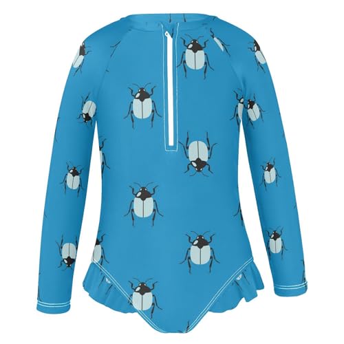 Beetle Pattern on Blue Girls Rash Guard Swimsuits Long Sleeve One Pieces Bathing Suit UPF 50+ Zipper Swimwear2