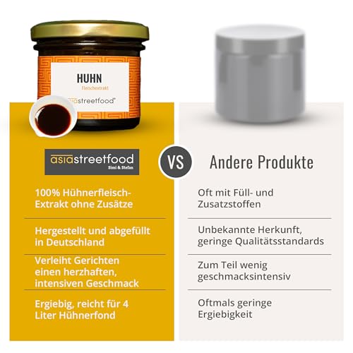 asiastreetfood Huhn Fleischextrakt 100 g – 100% Hühnerfleischextrakt ohne Zusätze für 4 l Hühnerfond – Basis für Suppen, Hühnerbrühe, Saucen & Eintöpfe – Für natürlichen Fleischgeschmack