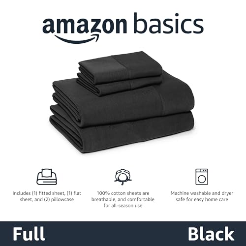 Image of Amazon Basics 100% Cotton Jersey Bed Sheet Set, Full, Black, Solid