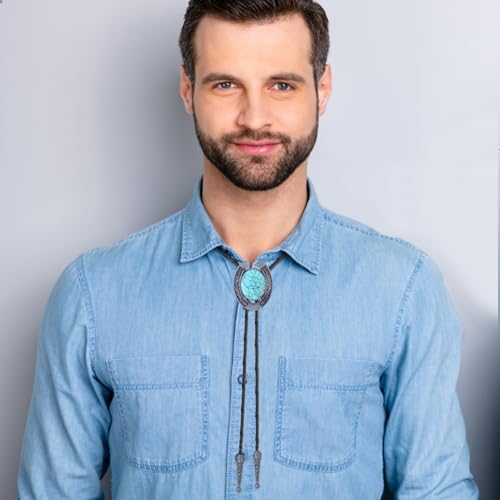Image of HUABOLA CALYN Bolo Tie for Men Women, Native American Rodeo Cowboy Turquoise /Scorpion /Tiger Eye /Black Agate Leather Necktie