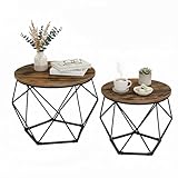 Design industriel : lot de 2 tables d'appoint - plateau effet bois, panier métallique noir