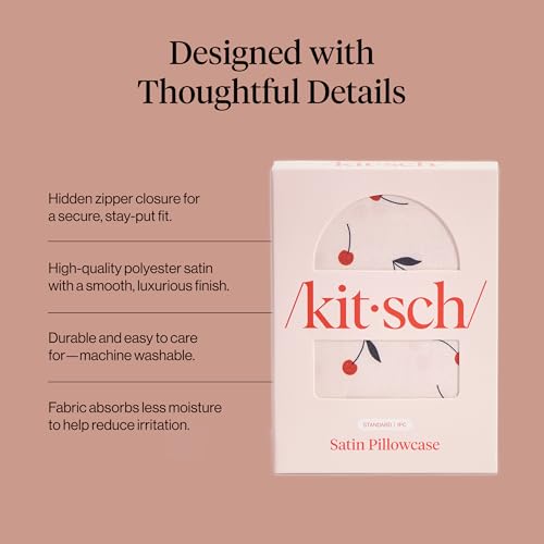 Image of Kitsch Satin Pillowcase with Zipper for Hair & Skin - Softer Than Silk Pillow Cases, Smooth Cooling Satin Pillow Case, Wrinkle-Free, Machine Washable, Pillow Cases Standard Size 19x26 - Cherry Print