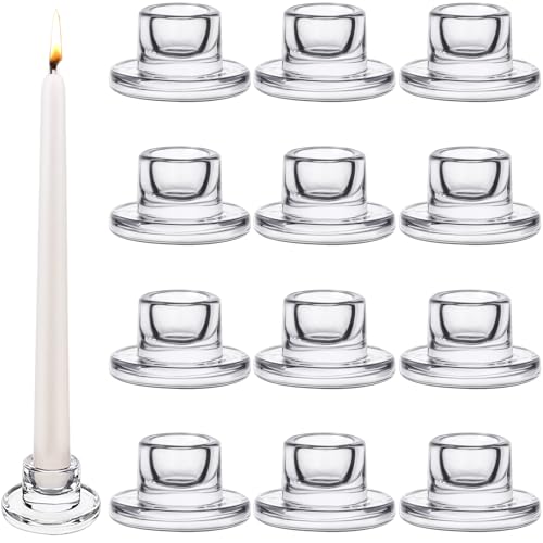 12 PCS Glass Taper Candle Holders Bulk Candlestick Holders Clear Short Tapered Candle Stick Holder Decor Set for Table Centerpiece Wedding Party Advent Christmas Home Decorations (12, Clear)
