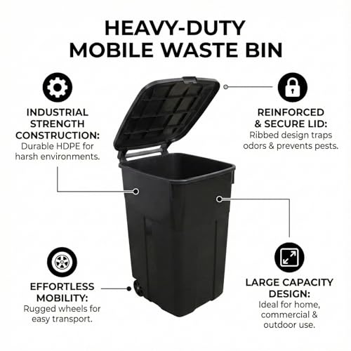 45 Gallon Large Trash Can with Attached Lid & Wheels Heavy Duty Wheeled Garbage Trash Can with Handle Heavy Duty Plastic Garbage Cans Click Lock Lid Design Perfect for Both Indoor Or Outdoor Use