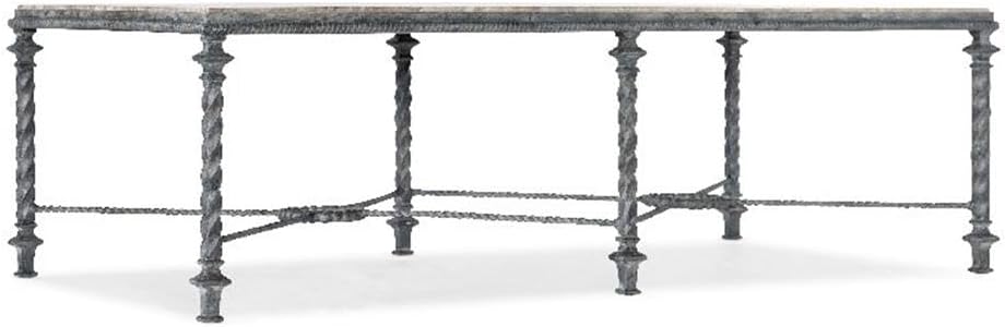 BOWERY HILL Rectangle Coffee Table, Gray Travertine Stone Veneer Top, Brown Metal Base, Twist Legs with Stretcher, 18.25" H x 58.75" W x 30.75" D, Levelers, Living Room Cocktail Table