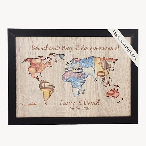 Personalisiertes Geldgeschenk zur Hochzeit | Hochzeitsgeschenke f&uuml;r Brautpaar | Kreative M&ouml;glichkeit zum Geldverschenken im DIN A5 A4 A3 Format Weltkarte | Mit hochwertigem Echtholz Bilderrahmen