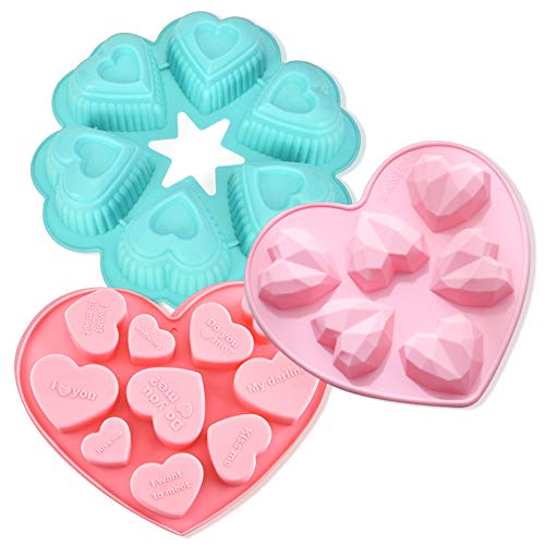 3 Pack Different Silicon Heart Molds, Use For Making Chocolate, Cake, Candy, Baking, Jelly Pudding, Mint Green, Diamond Heart Mold With Cute Macaron Pink，Unique Silicon Heart Molds With Letter. #TOP27