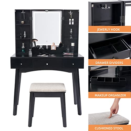 Bewishome Makeup Vanity With Lights, Vanity Desk Black Vanity Set With 3 Color Lighting Modes Adjustable Brightness, Makeup Table Vanity Table With Cabinet, Makeup Desk Dressing Table Black Fst12H #TOP5