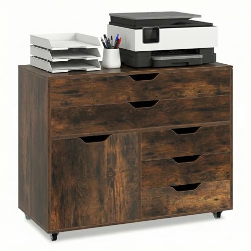 Image of DREAMADE File Cabinet, Rolling File Cabinet with 5 Drawers, Door & Lockable Metal Wheels, Mobile Filing Cabinet with Storage, Wood Printer Stand for Home Office Study (Rustic Brown)