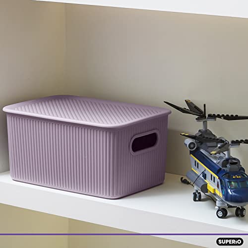 Superio Ribbed Collection - Decorative Plastic Lidded Home Storage Bins Organizer Baskets, Medium Lilac Purple (2 Pack - 5 Liter) Stackable Container Box, For Organizing Closet Shelves Drawer Shelf #TOP6