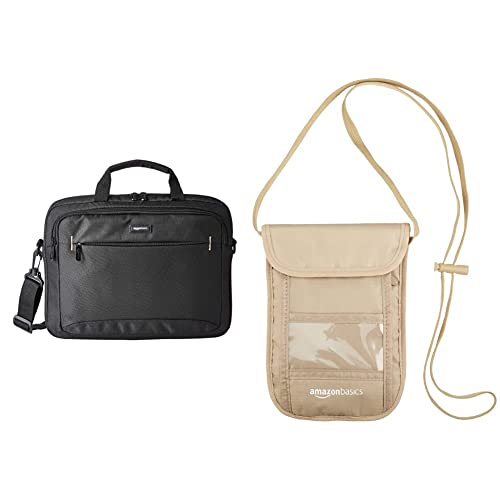 Image of AmazonBasics 14-Inch Tablet Bag, Black RFID Blocking Travel Neck Sling Wallet, Khaki (19 cm x 14 cm x 1.3 cm)