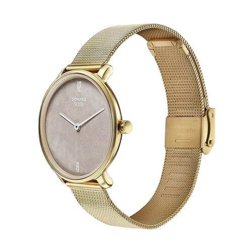 Image of Sonata Sleek Light Yellow Dial Stainless Steel Strap Analog Watch for Women-8191YM01