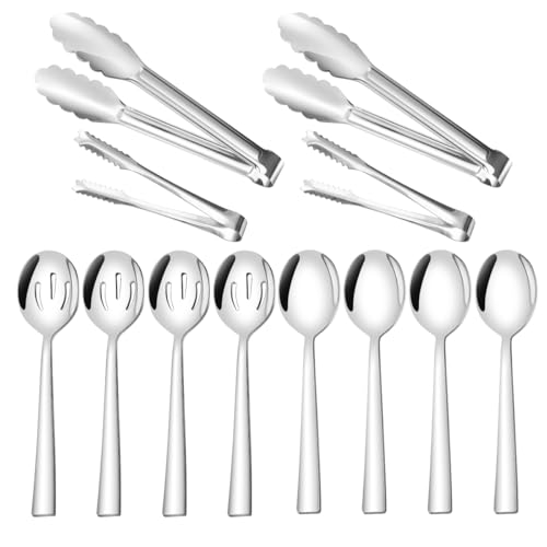 Kitchen Utensils Set, Amafox 12 Piece Stainless Steel Serving Utensils for Catering Party-4 Serving Spoons,4 Slotted Spoons,2 Appetizer Tongs 9'',2 Ice Tongs, Mirror Polished, Medium Size (Silver)