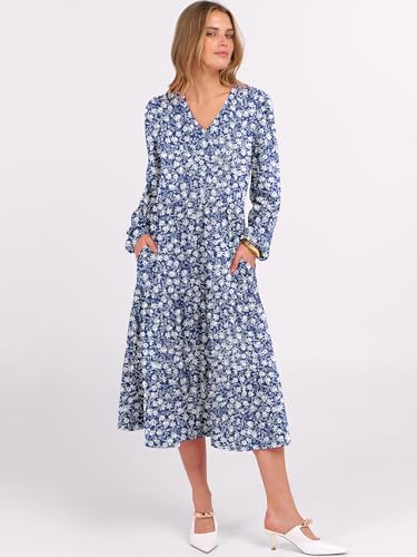 Image of ANRABESS Women's Long Lantern Sleeve Floral Midi Dresses 2026 Fall V Neck Casual Flowy A-line Tiered Boho Vacation Dress