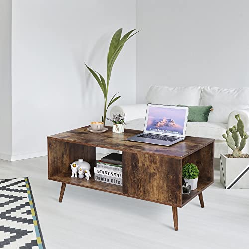 Zenstyle Mid Century Modern Coffee Table, Wooden Retro Coffee Table With Open Storage Shelf For Living Room, Reception, Easy Assembly, Rustic Brown #TOP6