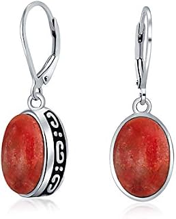 Boho Western Style Gemstone Oval Lever Back Drop Dangle Earrings For Women .925 Sterling Silver Semi Birthstone Colors