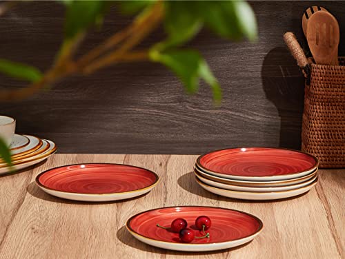 Onemore Ceramic Plates Set Of 6, 8.5 Inch Small Dinner Plates For Appetizer, Salad And Dessert. Oven, Microwave And Dishwasher Safe Plate. Rustic Kitchen Porcelain Dish - Red #TOP2