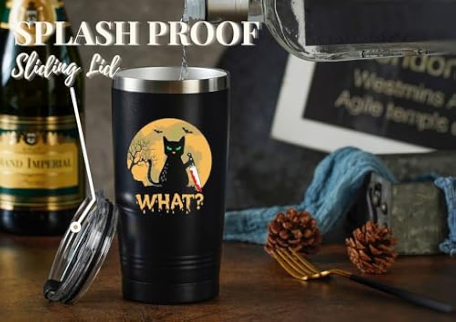 Onebttl Black Cat Gifts for Cat Lovers, Insulated Stainless Steel Tumblers with Lids and Straws, Funny gifts for Cat Mom, Dad on Birthday, Christmas, 20 oz, Black, What
