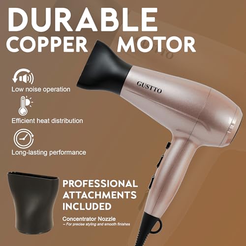 Image of Hair Dryer for Women | Fast Drying, Low Heat Damage, Smooth & Frizz-Free Hair | 1800-2000W Professional Blow Dryer with Cool Shot | Gustto Elevate (Rose), BIS Certified