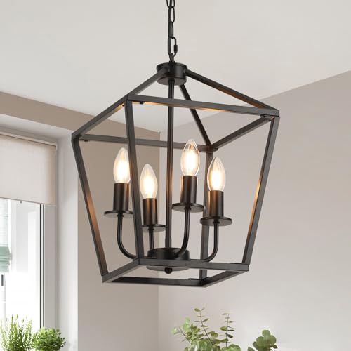 ZenithBeam Kronleuchter Laterne Industrial Metall,E14*4-Licht HöHenverstellbare Bauernhaus Hängelampe,Rustikale Schwarz Schlafzimmerlampe,KüChen Esstisch Wohnzimmer Pendelleuchte Foyer Flur Esszimmer
