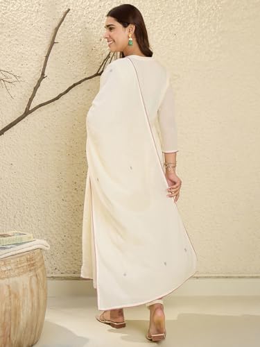 Image of INDO ERA Women's Pure Cotton Embroidered A-Line Kurta & Pant with Dupatta Set | Cotton kurta sets for women
