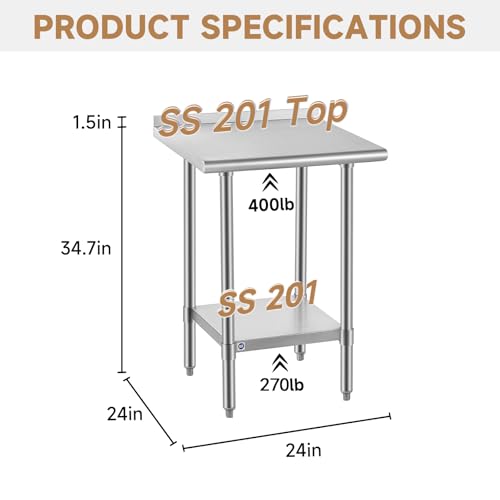 Image of ROCKPOINT All Stainless Steel Perp Table with Backsplash 24x24 Inch, Commercial Heavy Duty Table with Stainless Legs & Adjustable Undershelf, 670 lb Capacity for Restaurant,Home and Outdoor Kitchens