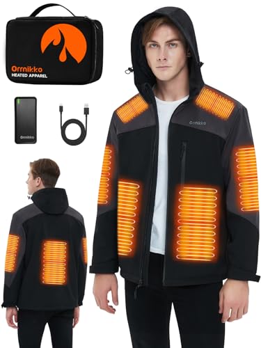 ORRNIKKO Mens Heated Jacket with Battery Pack - 20000mAh 7.4V Rechargeable Winter Outdoor Work Self Electric Jacket with Hood XL