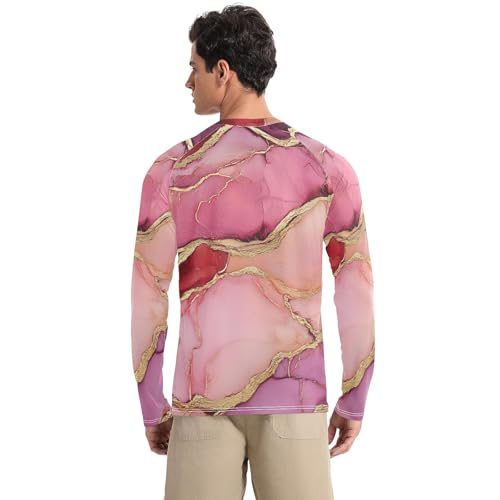 Marble Hot Pink Burgundy Men's Rash Guard Loose Crew Neck Long Sleeve UV Sun Protection Shirts Water Fishing2