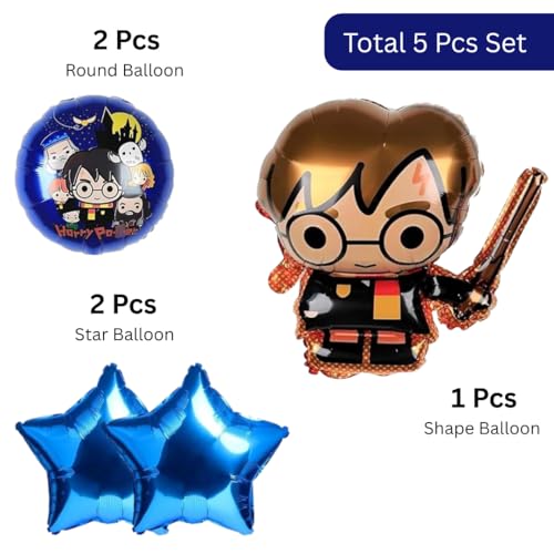 Image of Wanna Party Magician Boy Theme Foil Balloon Bouquet Set - 5PC Helium Supported Magic Birthday Balloons for Kids Party, Cake Table, Backdrop & Photo Booth Decor