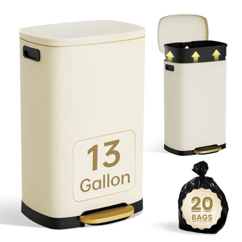 ELPHECO Kitchen Trash Can with Lid Soft Close, 13 Gallon / 50L Stainless Steel Pedal Garbage Can, Heavy-Duty Fingerprint Proof Step Wastebasket with 20 Bags, Removable Bucket, Home Office, Cream Beige