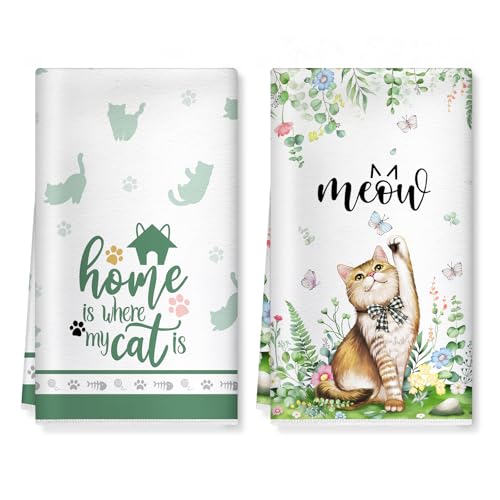 Arquiel Torchons De Cuisine Microfibre Vaisselle Lot de 2, Chat Vert Serviettes...