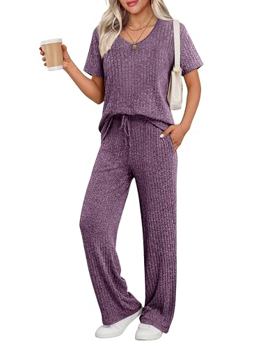 Image of Ekouaer Womens Ribbed Knit Lounge Set Short Sleeve Top and Long Pants Sleepwear Pajama Set Two Piece Matching Outfits Set