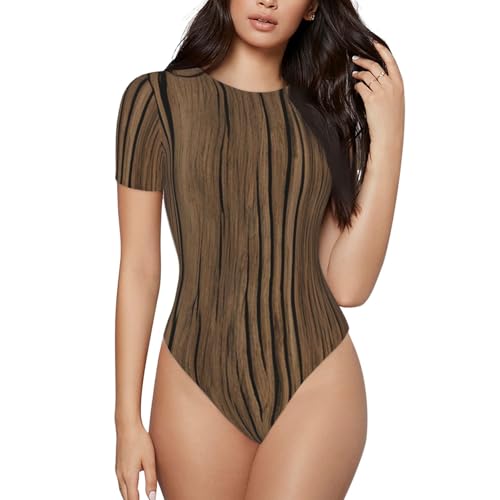 YANYU Wood Grain Print Adult Romper Womens Short Sleeve Onesie Bodysuit Casual Comfort Fashion Outfit