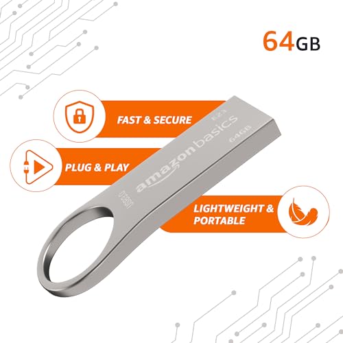Image of Amazon Basics 64 GB USB 3.0 Pen Drive | Flash Drive | Read Speed Upto 120 MB /s | with Key Ring | Metallic (Silver)