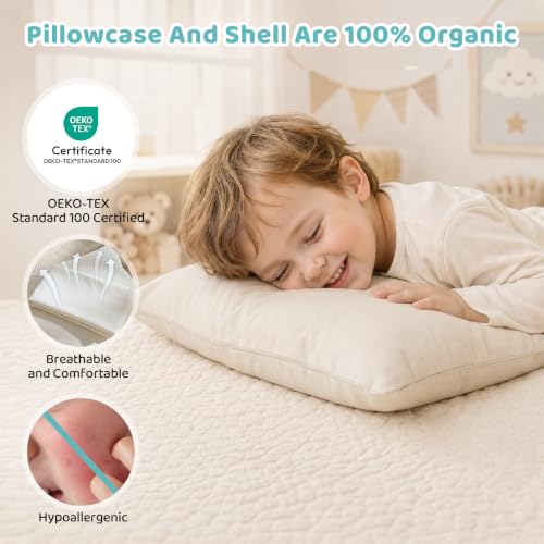 Image of Adjustable Kids Pillow for Ages 4-12 with Organic Cotton Shell(2 Pack) | 16x22 Youth Pillow, CPSC and OEKO-TEX Certified, Hypoallergenic, Machine Washable, Bedroom, Preschool Nap, Camping