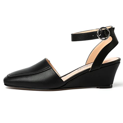 ROSERWISH Womens Casual Square Toe Ankle Strap Matte Fashion Buckle Dating Wedge Low Heel Pumps Shoes 2 Inch2