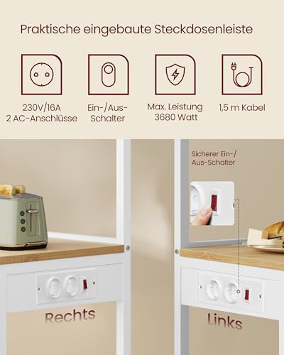 VASAGLE Küchenregal mit Steckdosen, Standregal, Kaffeebar mit 4 Ebenen und 8 S-Haken, Mikrowellen-Regal, verstellbare Ablage, 40 x 45 x 140 cm, goldeichenfarben-wolkenweiß KKS013YA02