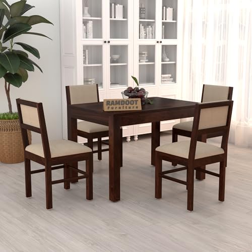 Image of 45 Inch Length Solid Sheesham Wood 4 Seater Dining Table Set | Four Seater Dinner Table with 4 Cushions Chairs|Dinning Table Set 4 Seater for Living Room | Wooden Table & Chair Set, Walnut Finish