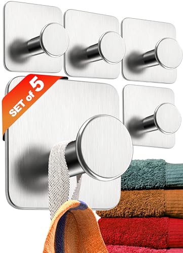 4smile Towel Holder, No Drilling Set of 5, Modern Design Towel Hooks, Sticky for Hanging in Bathroom Stainless Steel, Self-Adhesive Hooks with 3M Pads, Stick on Heavy Duty for Wall or Door