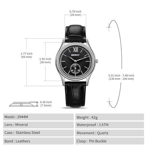 BERNY Watch for Men Quartz Wristwatch Fashion Analog Quartz Watches Male Vintage Watch Waterproof Genuine Leather Band Birthday Present