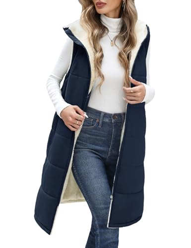Uikue Long Fleece Vest Lightweight Women Sleeveless Hooded Quilted Jacket Zip Up Padded Coat Winter Outerwear with Pockets(Navy,L)